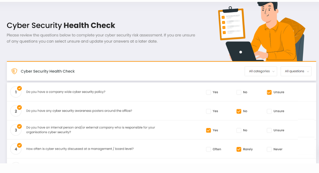 Screenshot on the Cyber Security health check questionnaire